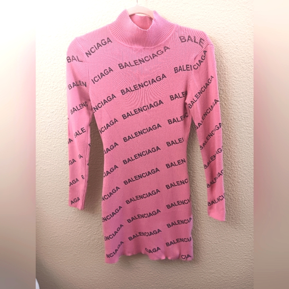 BALENCIAGA Pink Allover Logo Bodycon Dress